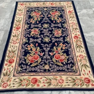 Vintage Handmade Aubusson Rug French Style Chain Stitch Needlepoint Rug 4x6 ft