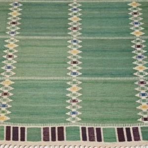 Green Scandinavian Swedish Kilim Geometric Rug for Living Room Area Rug Bedroom