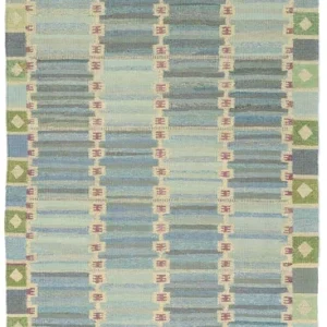 Geometric Flatweave Scandinavian Swedish Kilim Rug for Living RoomGreen Area Rug