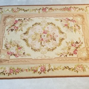 Vintage French Aubusson Style Floral Champagne Rug with Pink Roses & Florals 6x9