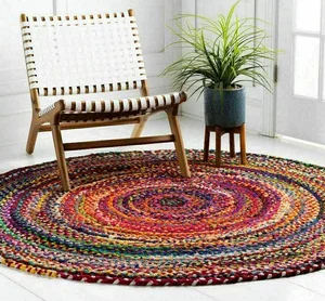 Rug 100% Cotton Round Natural Reversible Braided Modern Rustic Look Style Rug