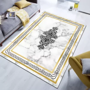Gold Detailed Rug,Marble Pattern Rug,White Rug,Living Room Rug,Modern
