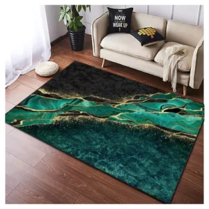 Emerald Marble Rug, Green and Gold Abstract Carpet, Luxury Modern Floor Decor