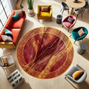 Luxury Oval Rug, Red Gold Carpet, Abstract Marble Mat, Elegant Floor Decor, Mode